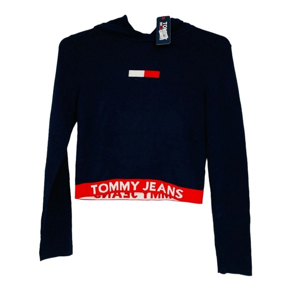 Tommy Hilfiger Denim Sweatshirt‎ Pullover Hoodie Cropped Long Sleeve Blue Medium - Picture 1 of 7